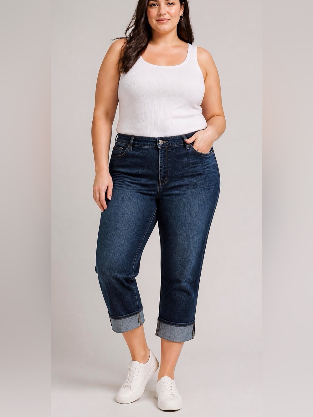 Cropped Cotton Ankle Jeans in Dark Blue - Casual Cuffed Style